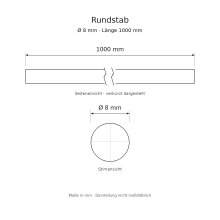 Rundstab Massivholz Ø 8 mm, 1000 mm, roh