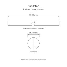Rundstab Massivholz Ø 18 mm, 1000 mm, roh – 25 Stück je Bund
