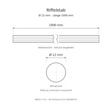 Riffelstab Massivholz Ø 12 mm, 1000 mm, roh